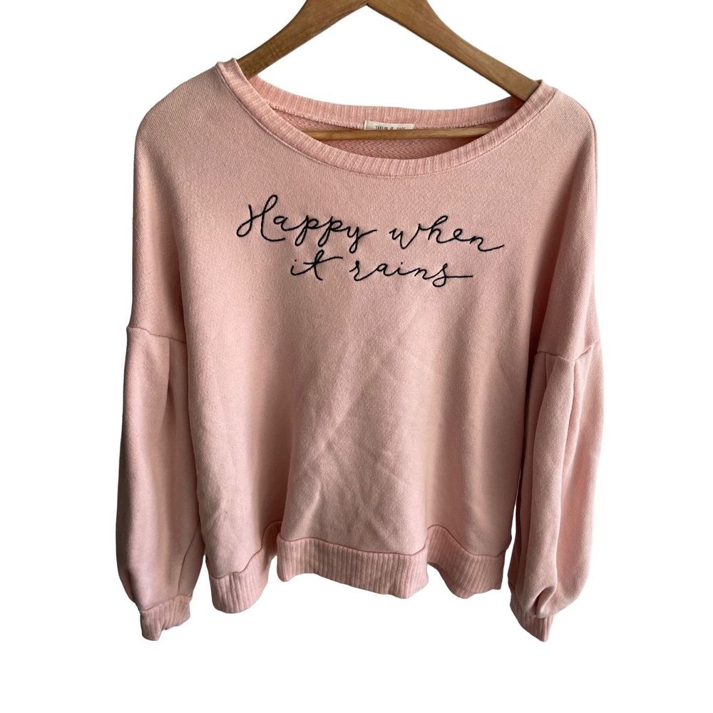 Taylor and Sage Cursive Happy When it Rains Embroidered Pullover Sweater